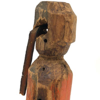 Haunting Old Carved (Bedpost?) Doll in Orange and Blue
