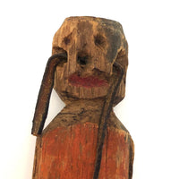 Haunting Old Carved (Bedpost?) Doll in Orange and Blue