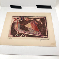Wonderful 1950 Pencil Signed Mixed Media Print “Bird” by Harold Zussin