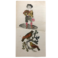 Naive 19th C Pennsylvania Watercolor Drawing of Boy with Sickle and Birds