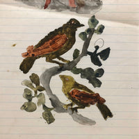 Naive 19th C Pennsylvania Watercolor Drawing of Boy with Sickle and Birds