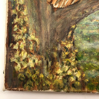 Perched Owl in Forest, Vintage Naive Oil on Canvas Painting