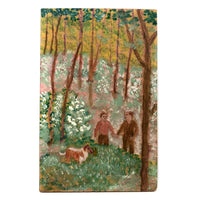 Holding Hands in the Forest, With Dog, Naive Painting on Plywood Panel