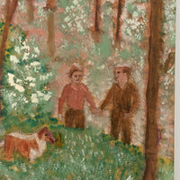 Holding Hands in the Forest, With Dog, Naive Painting on Plywood Panel