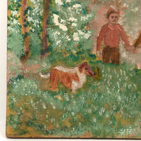 Holding Hands in the Forest, With Dog, Naive Painting on Plywood Panel