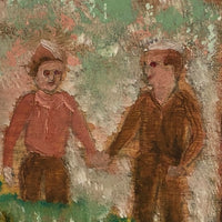 Holding Hands in the Forest, With Dog, Naive Painting on Plywood Panel