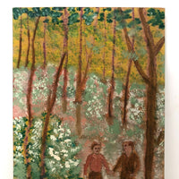 Holding Hands in the Forest, With Dog, Naive Painting on Plywood Panel