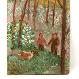 Holding Hands in the Forest, With Dog, Naive Painting on Plywood Panel