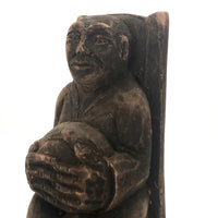 Very Old Carved Monk (?) Holding Ball (World?) in Big Hands!