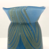 Handblown, Signed Blue Art Glass Vase with Mossy Green Ribbons
