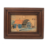 Charming Antique Naive Miniature Watercolor of House in Orange and Blue