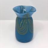 Handblown, Signed Blue Art Glass Vase with Mossy Green Ribbons
