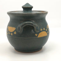 Cheerful Blue Glazed Pottery Sugar Bowl with Yellow Suns
