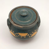Cheerful Blue Glazed Pottery Sugar Bowl with Yellow Suns