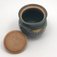 Cheerful Blue Glazed Pottery Sugar Bowl with Yellow Suns
