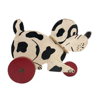 Black and White Dog on Red Wheels Old Wooden Pull Toy