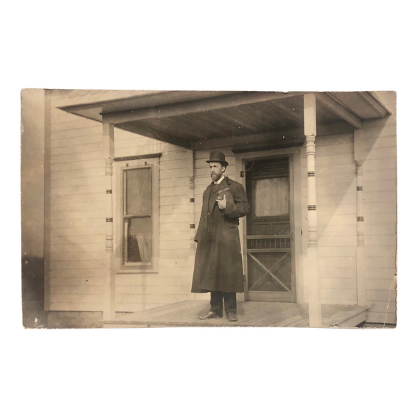 Preacher (?) on Doorstep, Lamont, Oklahoma, Antique Real Photo Postcard