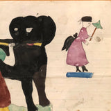 Girl with Giant Black Dog and Fairy Lady, 1870 Naive Watercolor Drawing, Framed
