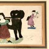 Girl with Giant Black Dog and Fairy Lady, 1870 Naive Watercolor Drawing, Framed