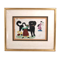 Girl with Giant Black Dog and Fairy Lady, 1870 Naive Watercolor Drawing, Framed