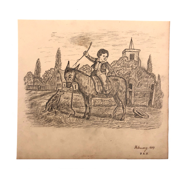 J.E. Jeffreys 19th Century British Pencil Drawing of Boy on Donkey