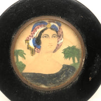 Antique Papier Mache Snuff Box Lid with Hand-colored Portrait of Woman in Turban