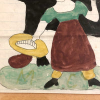 Girl with Giant Black Dog and Fairy Lady, 1870 Naive Watercolor Drawing, Framed