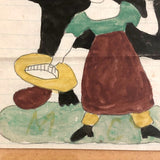 Girl with Giant Black Dog and Fairy Lady, 1870 Naive Watercolor Drawing, Framed