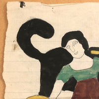 Girl with Giant Black Dog and Fairy Lady, 1870 Naive Watercolor Drawing, Framed
