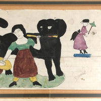 Girl with Giant Black Dog and Fairy Lady, 1870 Naive Watercolor Drawing, Framed