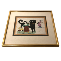 Girl with Giant Black Dog and Fairy Lady, 1870 Naive Watercolor Drawing, Framed
