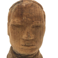 Old Pine Carved Bust of Sober Looking Man in Coat and Tie