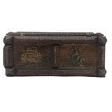Antique Tramp Art Box with Decoupaged Ships, Some Loss