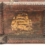 Antique Tramp Art Box with Decoupaged Ships, Some Loss