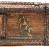 Antique Tramp Art Box with Decoupaged Ships, Some Loss