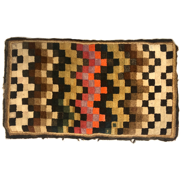 Fabulous Old Checkerboard Folk Art Hooked Rug, 29 x 48 Inches
