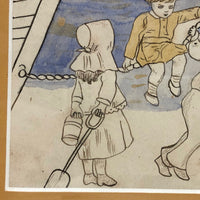 19th C. Naive Ink and Watercolor of Children at Beach