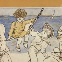 19th C. Naive Ink and Watercolor of Children at Beach