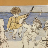 19th C. Naive Ink and Watercolor of Children at Beach