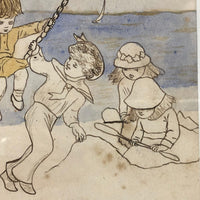 19th C. Naive Ink and Watercolor of Children at Beach