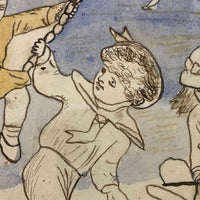 19th C. Naive Ink and Watercolor of Children at Beach