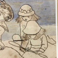 19th C. Naive Ink and Watercolor of Children at Beach