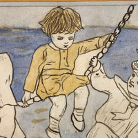 19th C. Naive Ink and Watercolor of Children at Beach