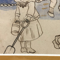 19th C. Naive Ink and Watercolor of Children at Beach
