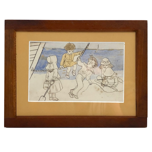 19th C. Naive Ink and Watercolor of Children at Beach