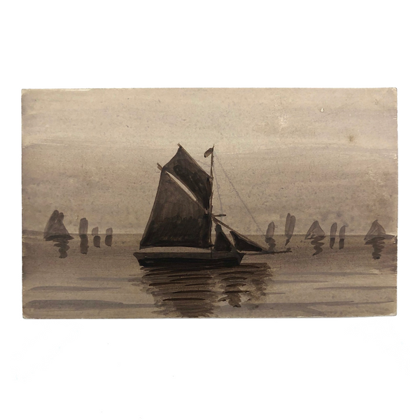 Sailboats on Water, Antique British Monochromatic Ink Wash Postcard