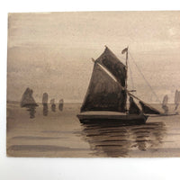 Sailboats on Water, Antique British Monochromatic Ink Wash Postcard