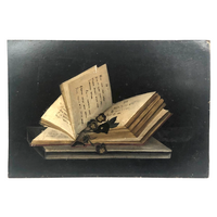 1883 Pansies and Books and Birthday Wishes Trompe l’Oeil Oil on Board