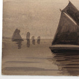 Sailboats on Water, Antique British Monochromatic Ink Wash Postcard