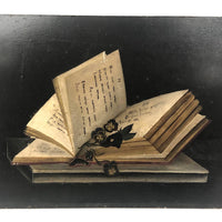 1883 Pansies and Books and Birthday Wishes Trompe l’Oeil Oil on Board